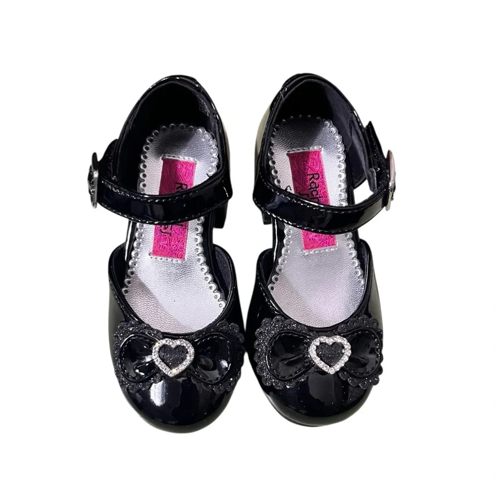 Rachel Shoes Black Patent Dress Shoes With Rhinestone Hearts Size 6